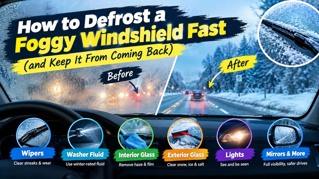 Foggy and clear windshield comparison with winter visibility tips for wipers, glass, lights, and mirrors