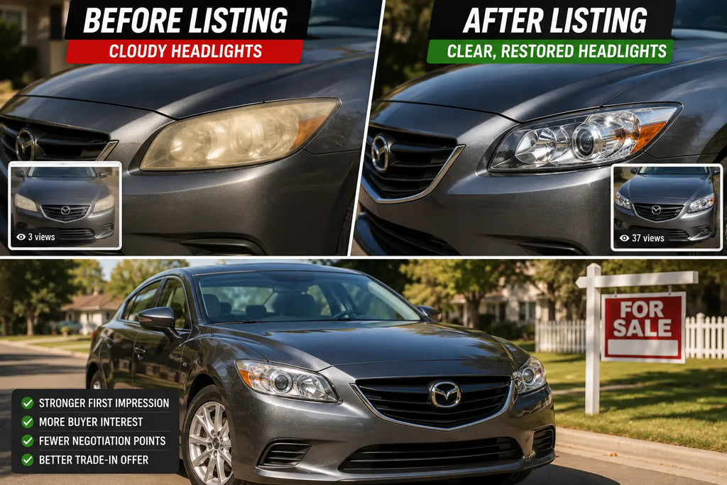 Car with clear, freshly restored headlights ready for sale or trade-in
