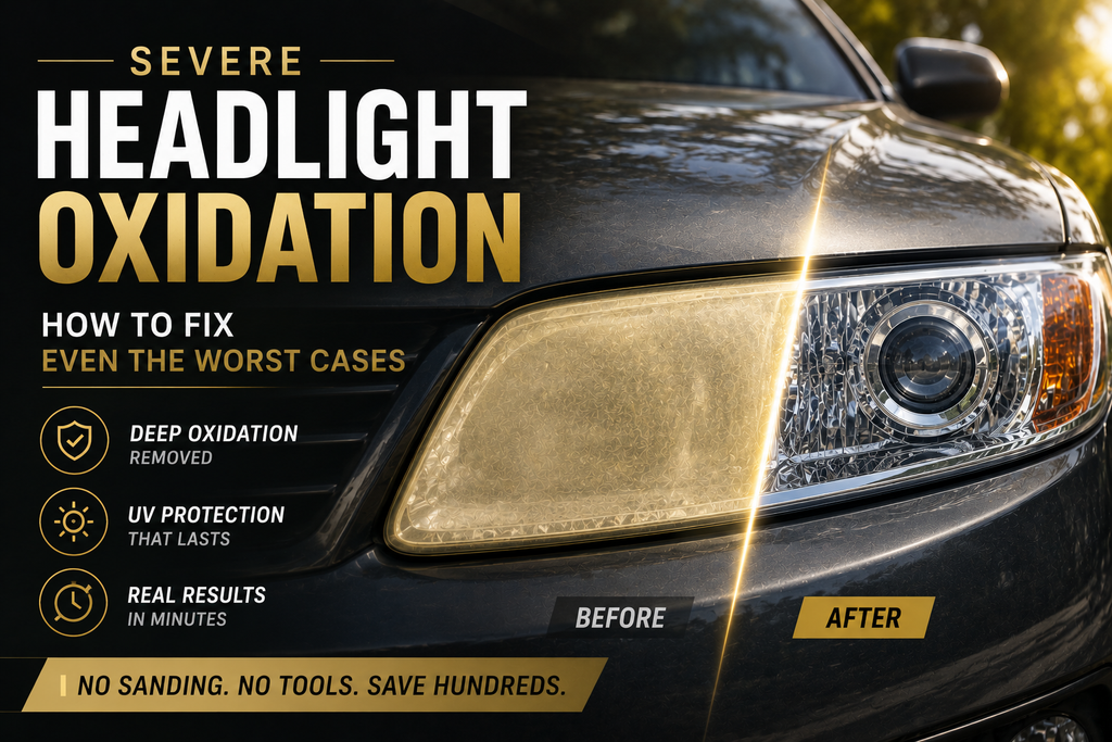 Severely oxidized headlight lens before and after restoration treatment