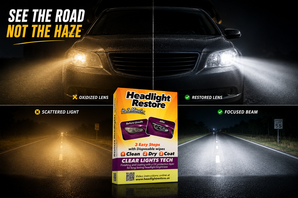 Cloudy oxidized headlight lens compared to a clear restored headlight lens showing improved light output