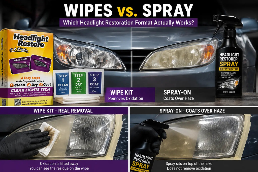 Headlight restoration wipes kit next to a spray-on coating product for comparison