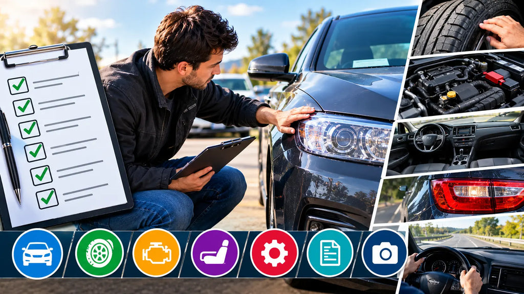 Used-car inspection checklist with a person checking a headlight and close-ups of tires, engine bay, interior, and taillight