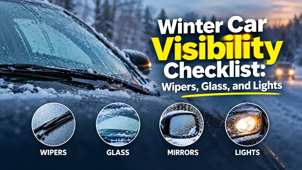 Winter car visibility checklist graphic showing snowy wipers, glass, mirrors, and headlights