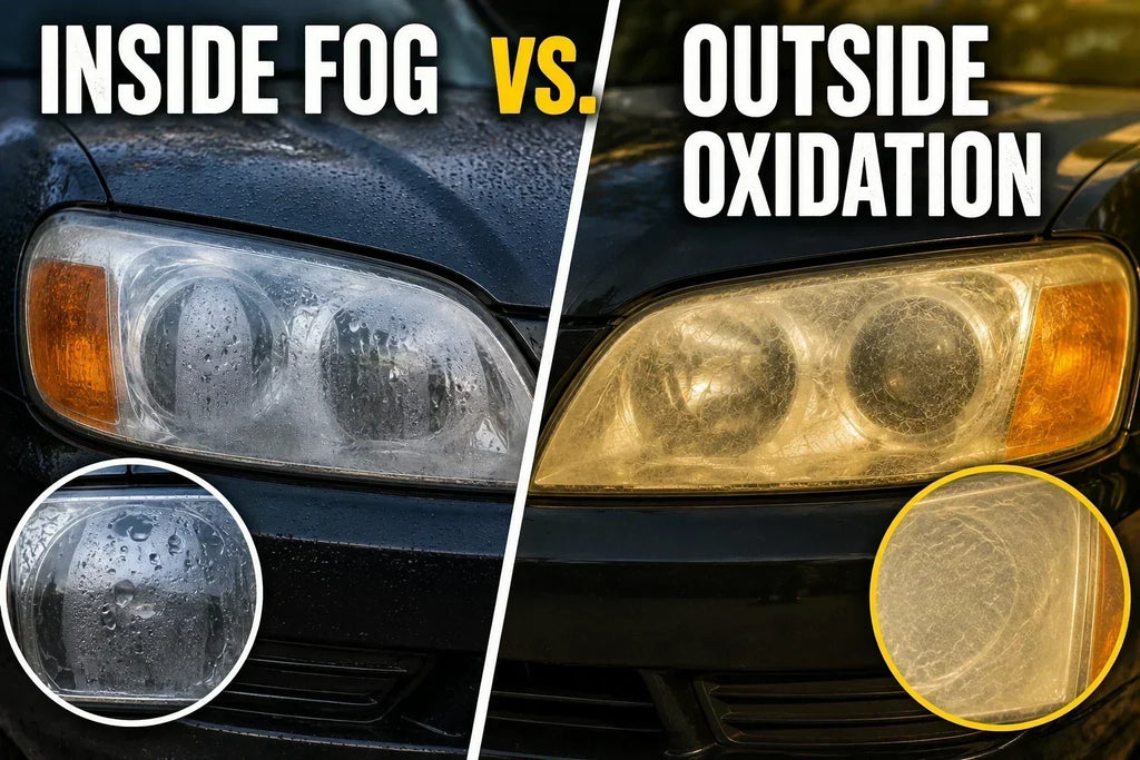 Comparison of oxidized headlight lens versus headlight with internal condensation moisture