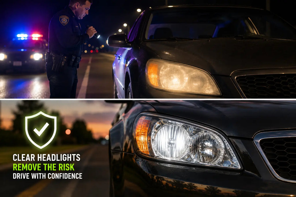 Cloudy yellowed headlight lens on a car — can get you pulled over or ticketed