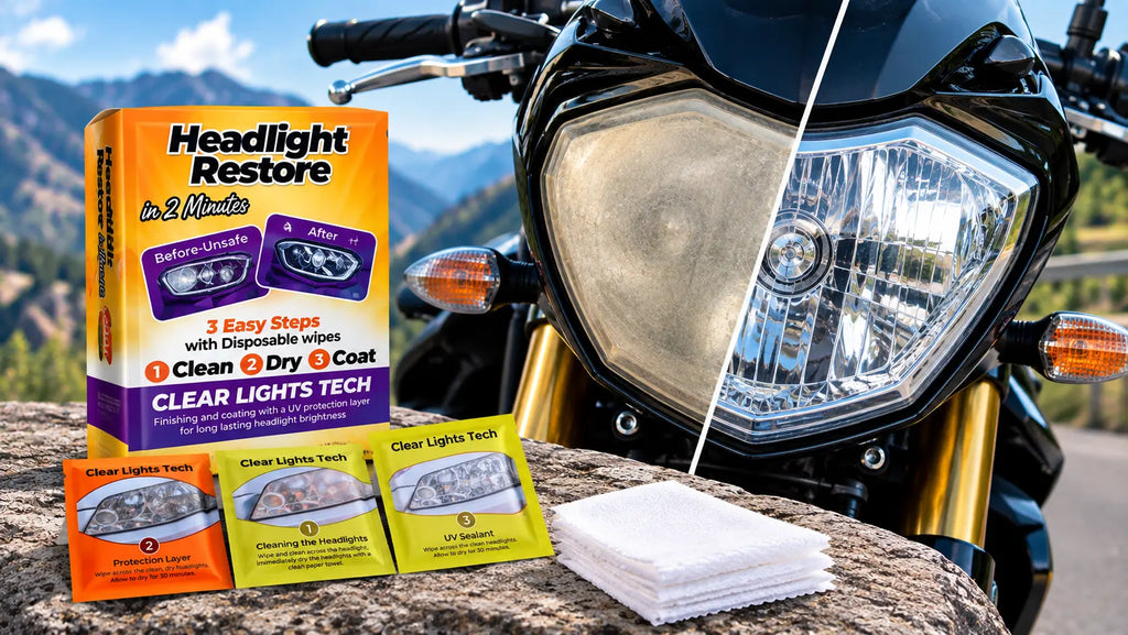 Motorcycle headlight before and after restoration with a clear lens