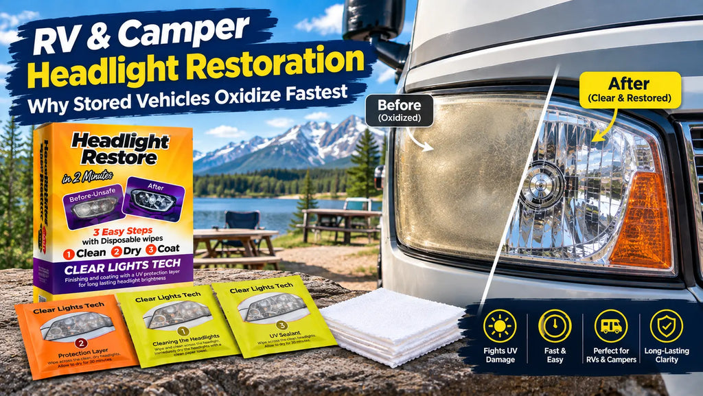RV and camper with clear restored headlights ready for a road trip