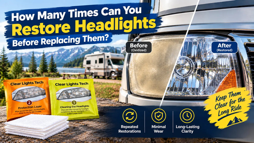 Restored polycarbonate headlight lens after repeated chemical restoration treatments