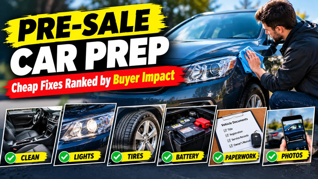 Pre-sale car prep checklist showing cleaning, lights, tires, battery, paperwork, and listing photos.