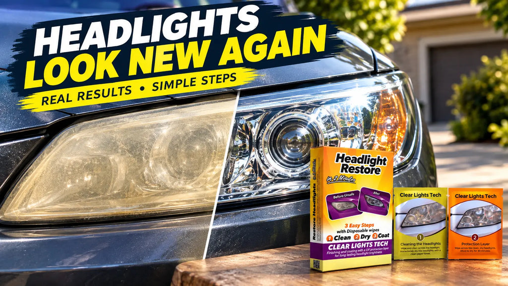 Clear, restored headlight on a car that looks new again