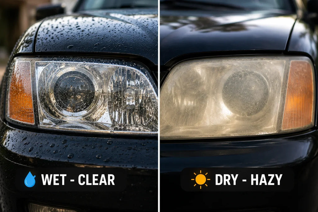 Oxidized headlight lens showing hazy surface that looks clear when wet but hazy once dry
